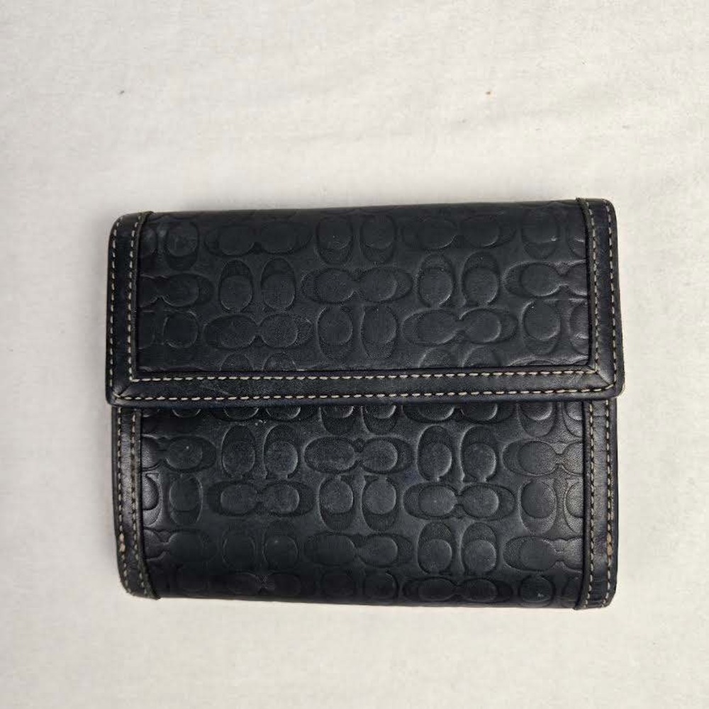 Coach Black Embossed Signature Leather Bifold Wallet Small Double Side Monogram